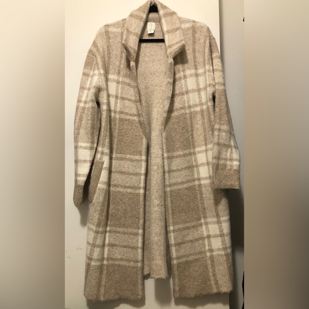 JOIE PLAID LONG LINE CARDIGAN SHACKET NEUTRAL BEIGE SIZE LARGE OPEN FRONT